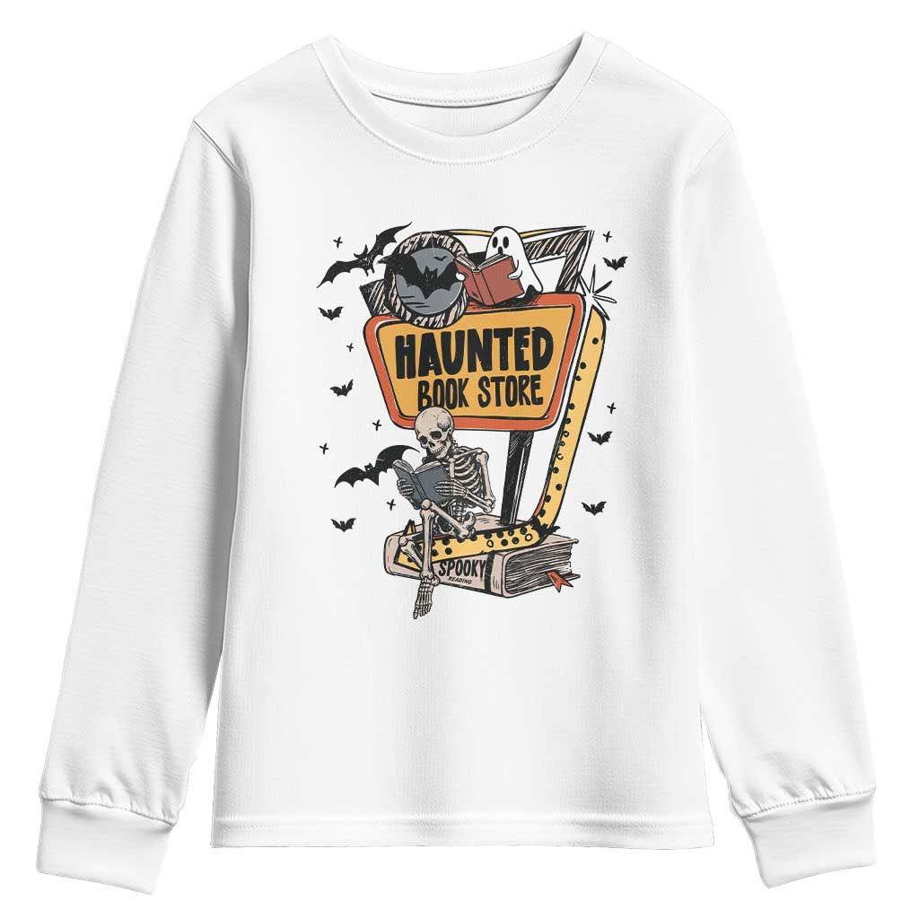 Funny Haunted Book Store Halloween Youth Sweatshirt Skeleton Ghost Book Reader