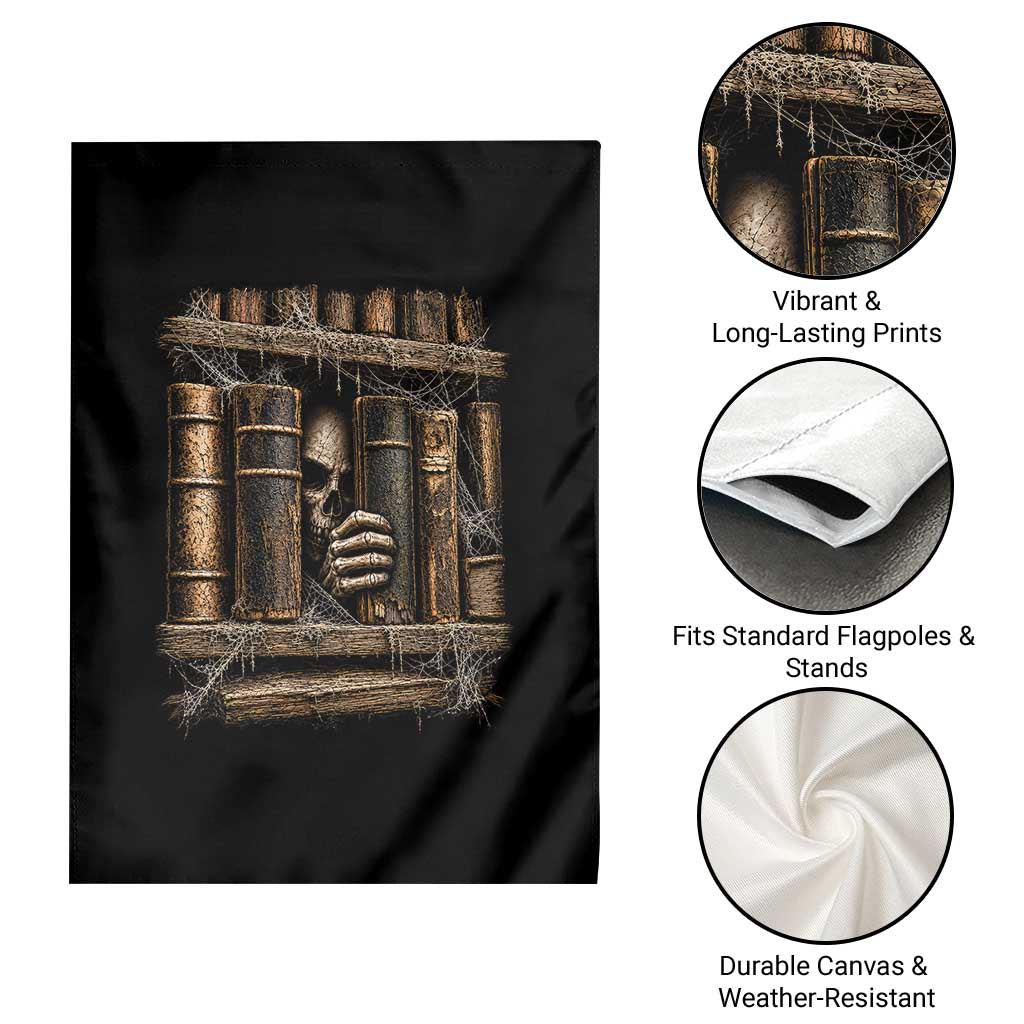 Gothic Haunted Library Garden Flag Skull In Bookshelf Dark Academia