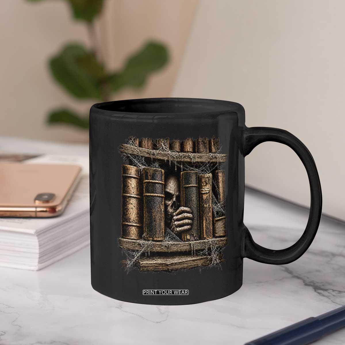 Gothic Haunted Library Coffee Mug Skull In Bookshelf Dark Academia