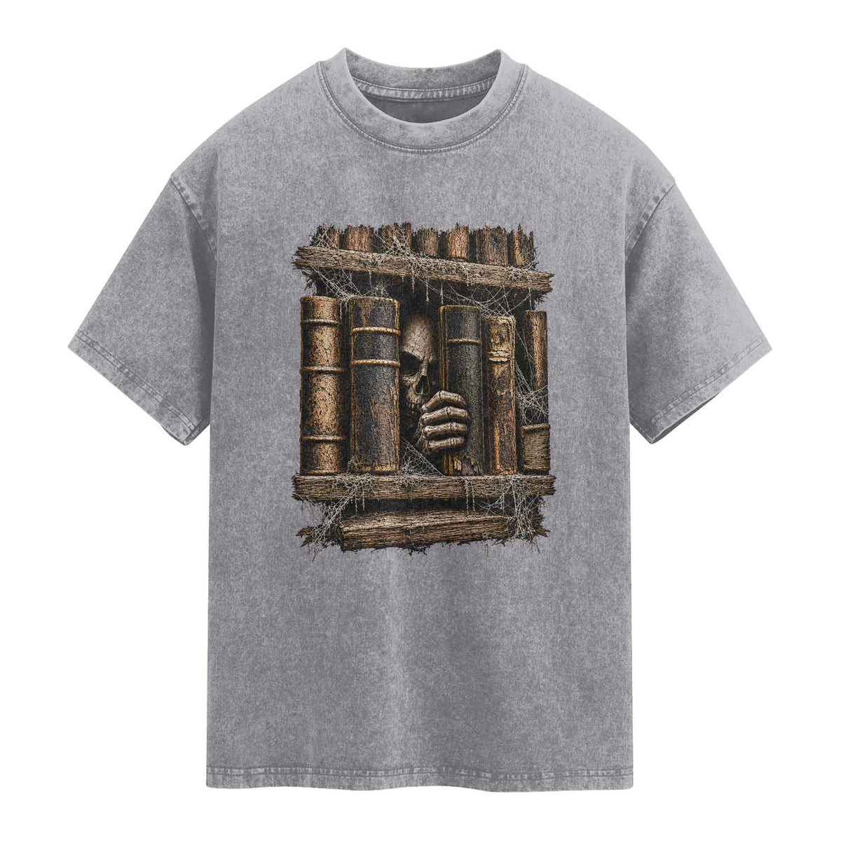 Gothic Haunted Library Washed Cotton T-Shirt Skull In Bookshelf Dark Academia