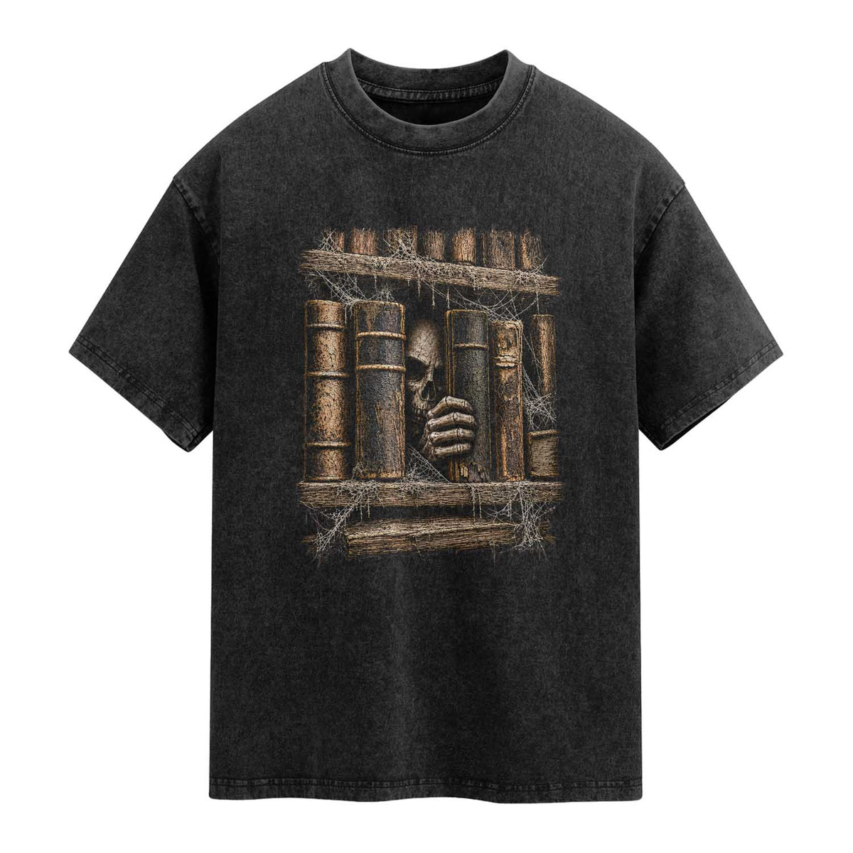 Gothic Haunted Library Washed Cotton T-Shirt Skull In Bookshelf Dark Academia