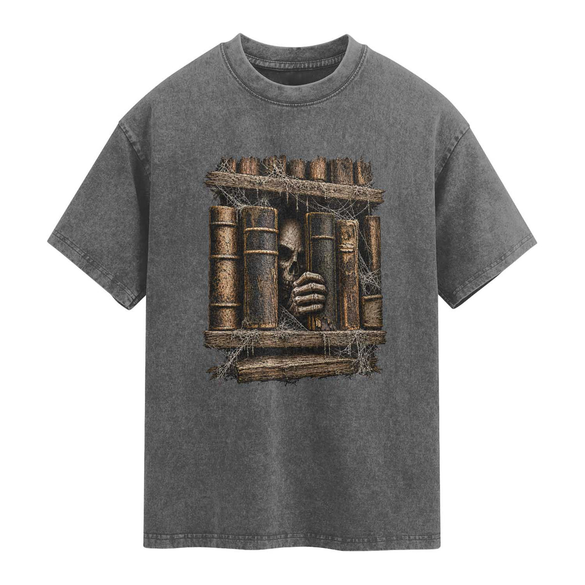 Gothic Haunted Library Washed Cotton T-Shirt Skull In Bookshelf Dark Academia