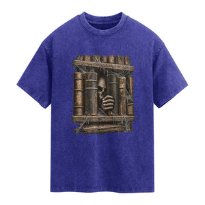Gothic Haunted Library Washed Cotton T-Shirt Skull In Bookshelf Dark Academia
