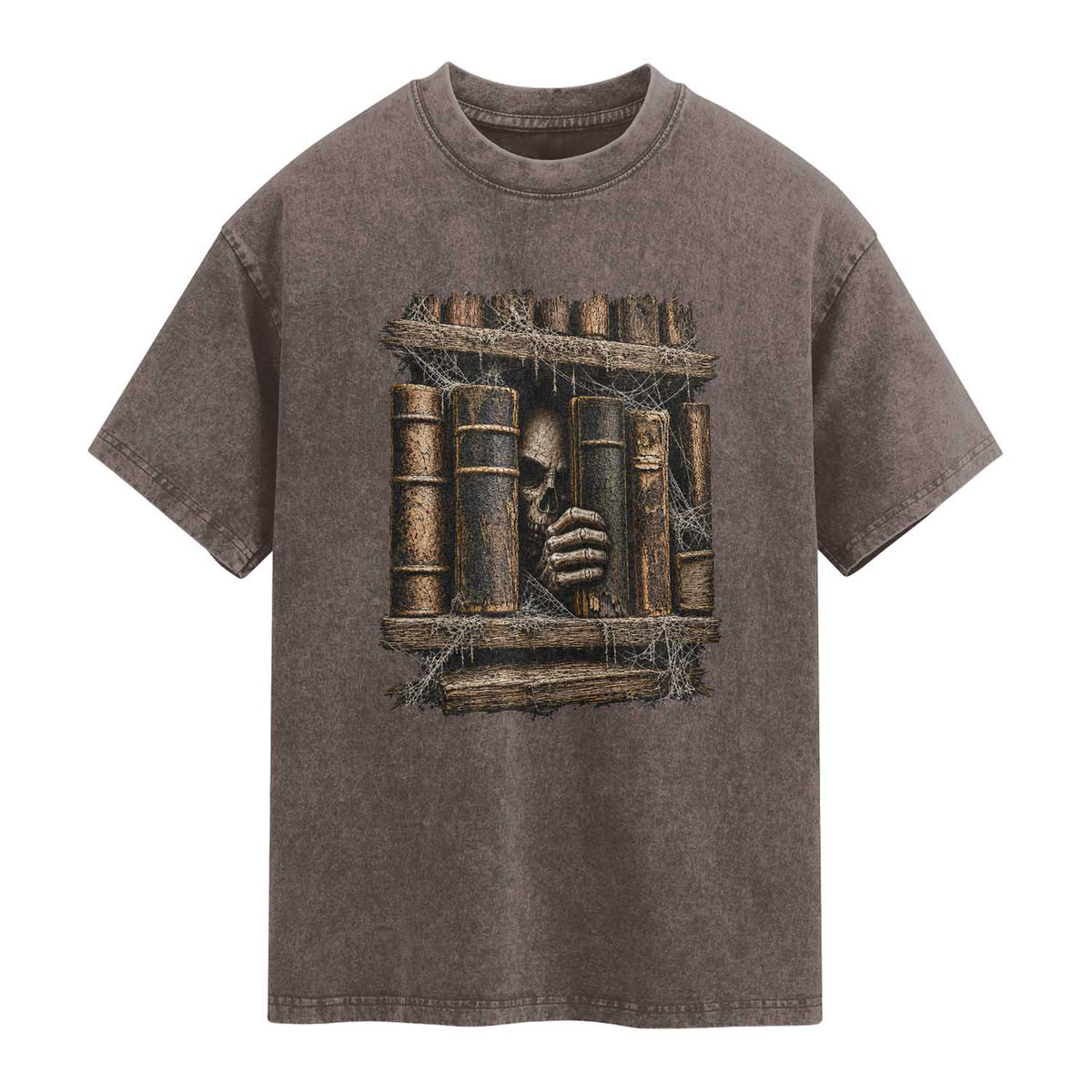Gothic Haunted Library Washed Cotton T-Shirt Skull In Bookshelf Dark Academia