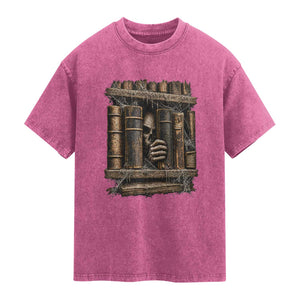 Gothic Haunted Library Washed Cotton T-Shirt Skull In Bookshelf Dark Academia