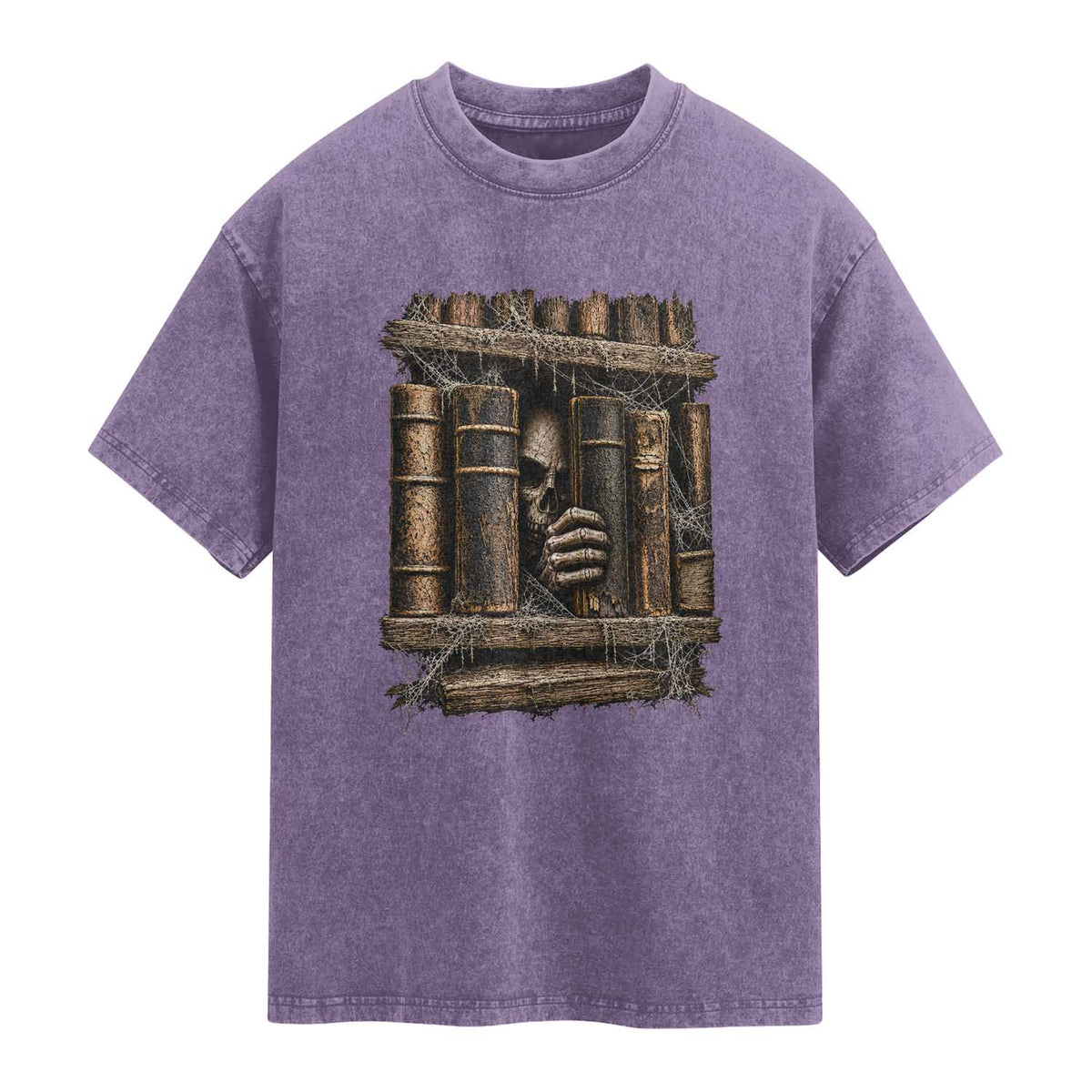 Gothic Haunted Library Washed Cotton T-Shirt Skull In Bookshelf Dark Academia