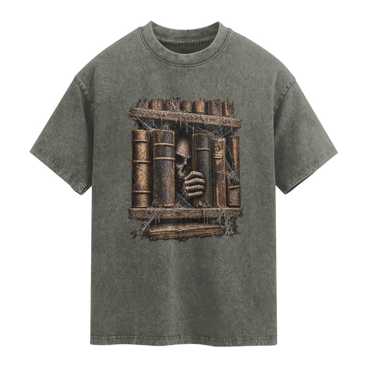 Gothic Haunted Library Washed Cotton T-Shirt Skull In Bookshelf Dark Academia