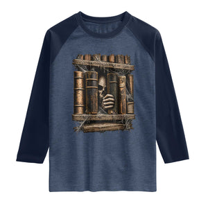 Gothic Haunted Library Raglan Shirt Skull In Bookshelf Dark Academia