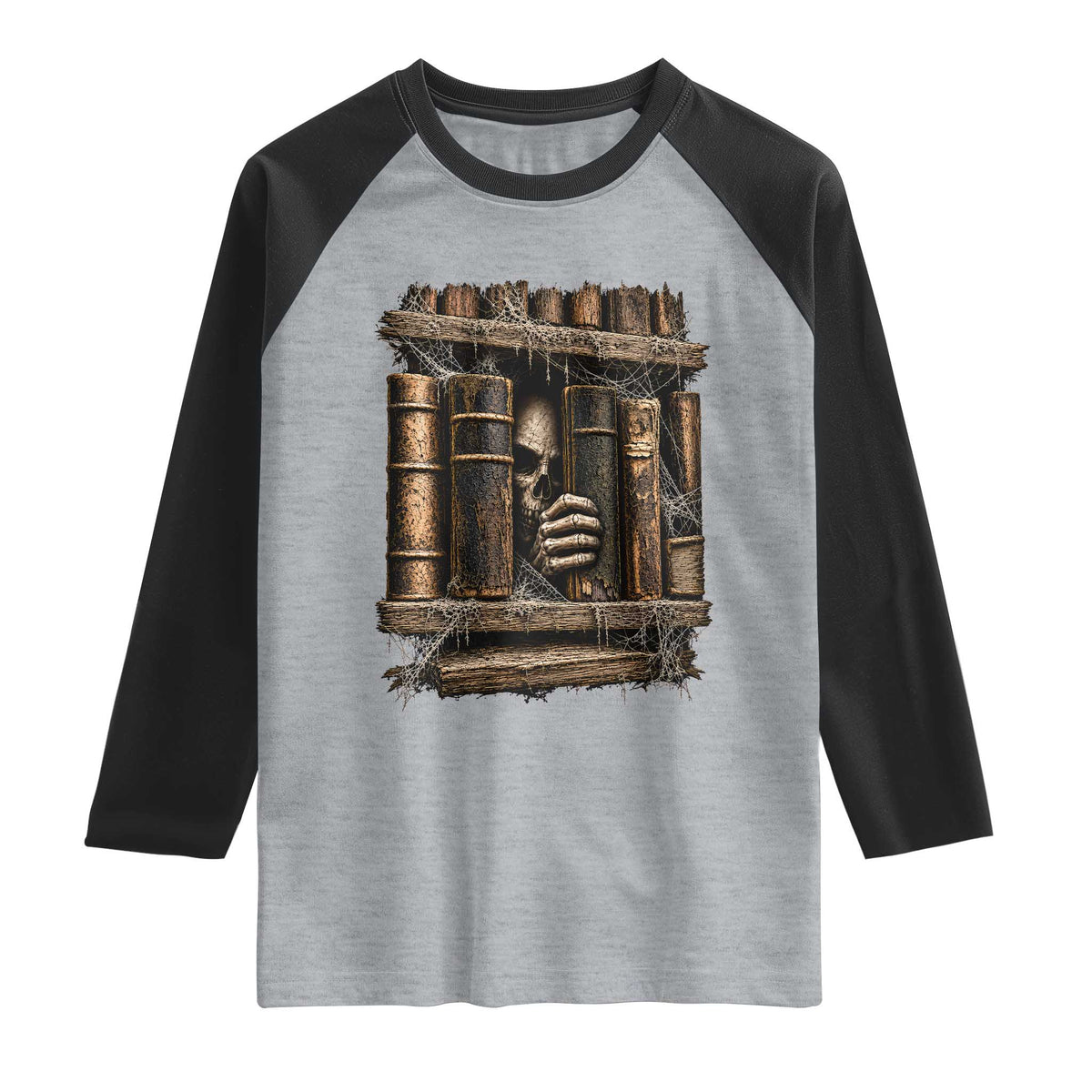 Gothic Haunted Library Raglan Shirt Skull In Bookshelf Dark Academia