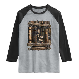 Gothic Haunted Library Raglan Shirt Skull In Bookshelf Dark Academia