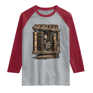 Gothic Haunted Library Raglan Shirt Skull In Bookshelf Dark Academia