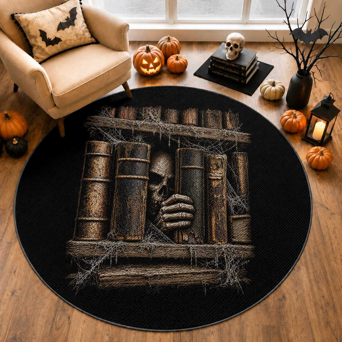 Gothic Haunted Library Round Rug Skull In Bookshelf Dark Academia