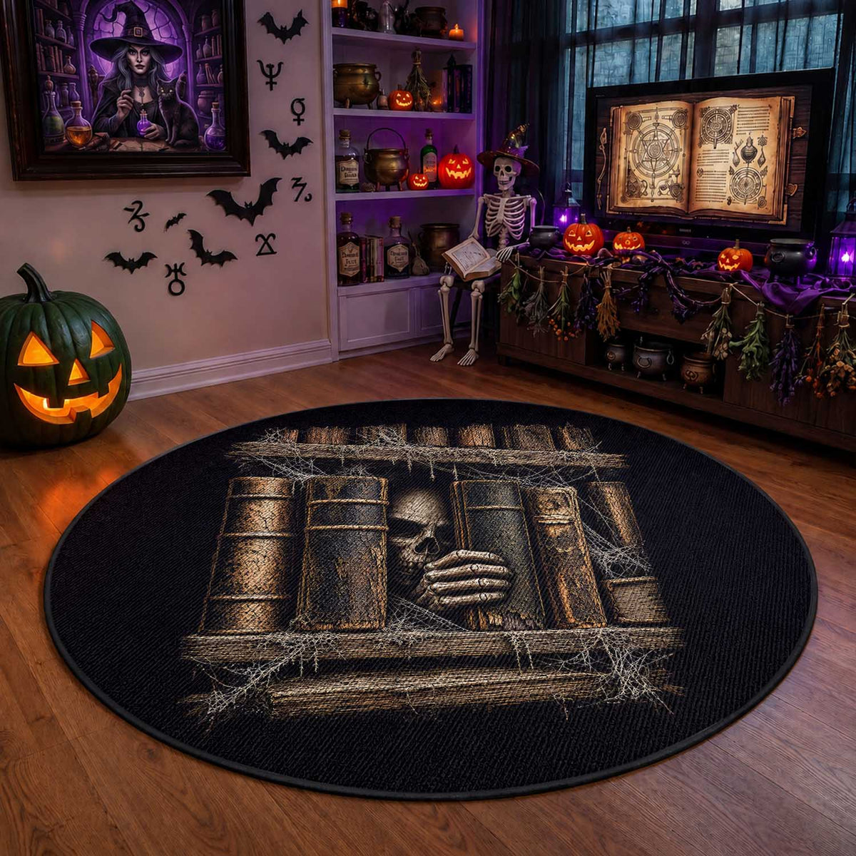 Gothic Haunted Library Round Rug Skull In Bookshelf Dark Academia