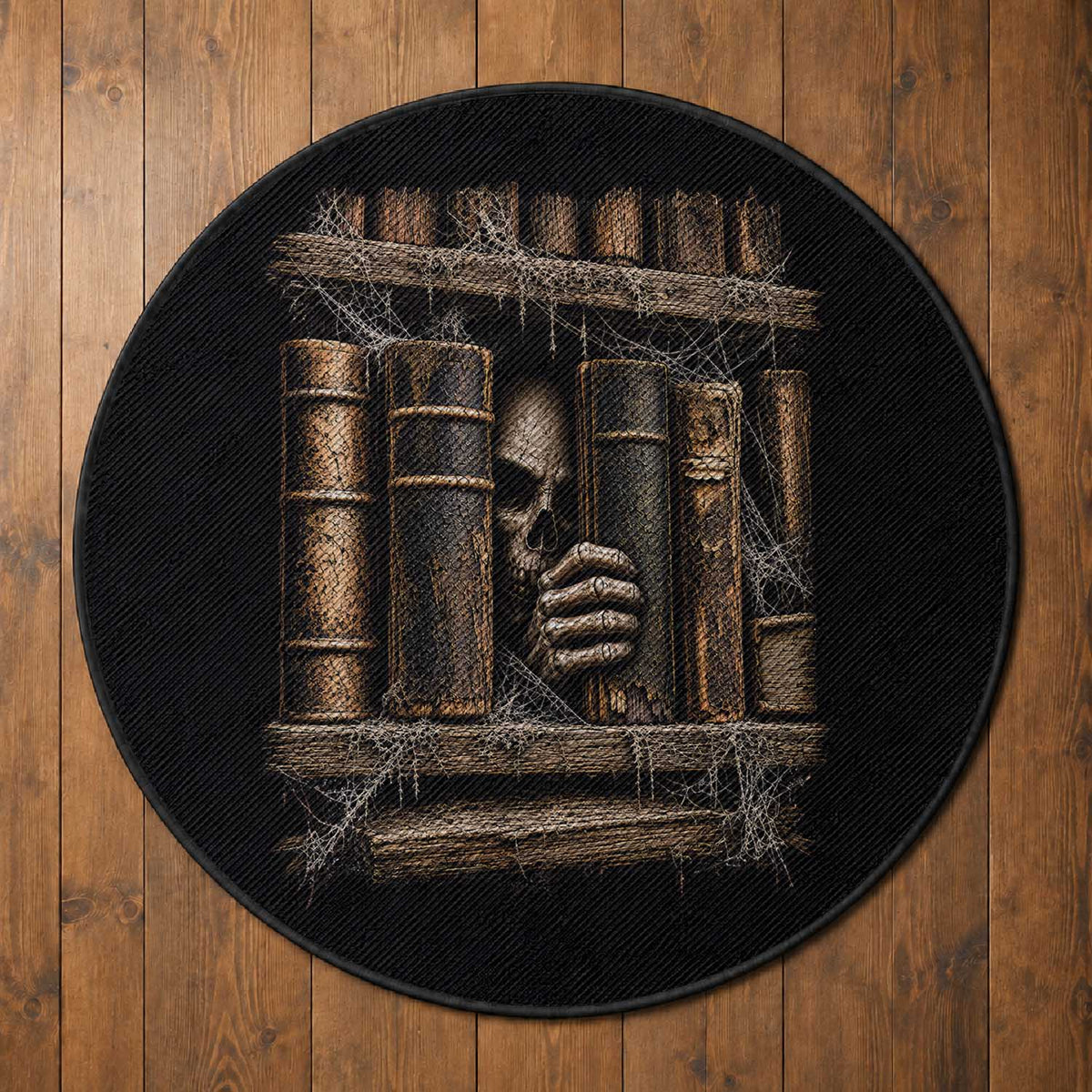 Gothic Haunted Library Round Rug Skull In Bookshelf Dark Academia