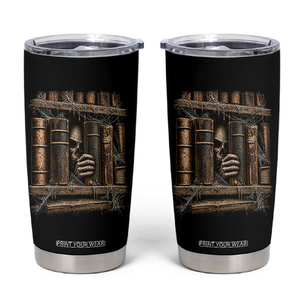Gothic Haunted Library Tumbler Cup Skull In Bookshelf Dark Academia