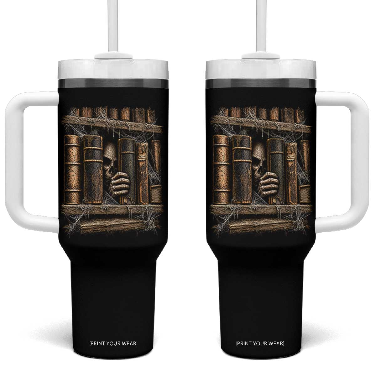 Gothic Haunted Library Tumbler With Handle Skull In Bookshelf Dark Academia