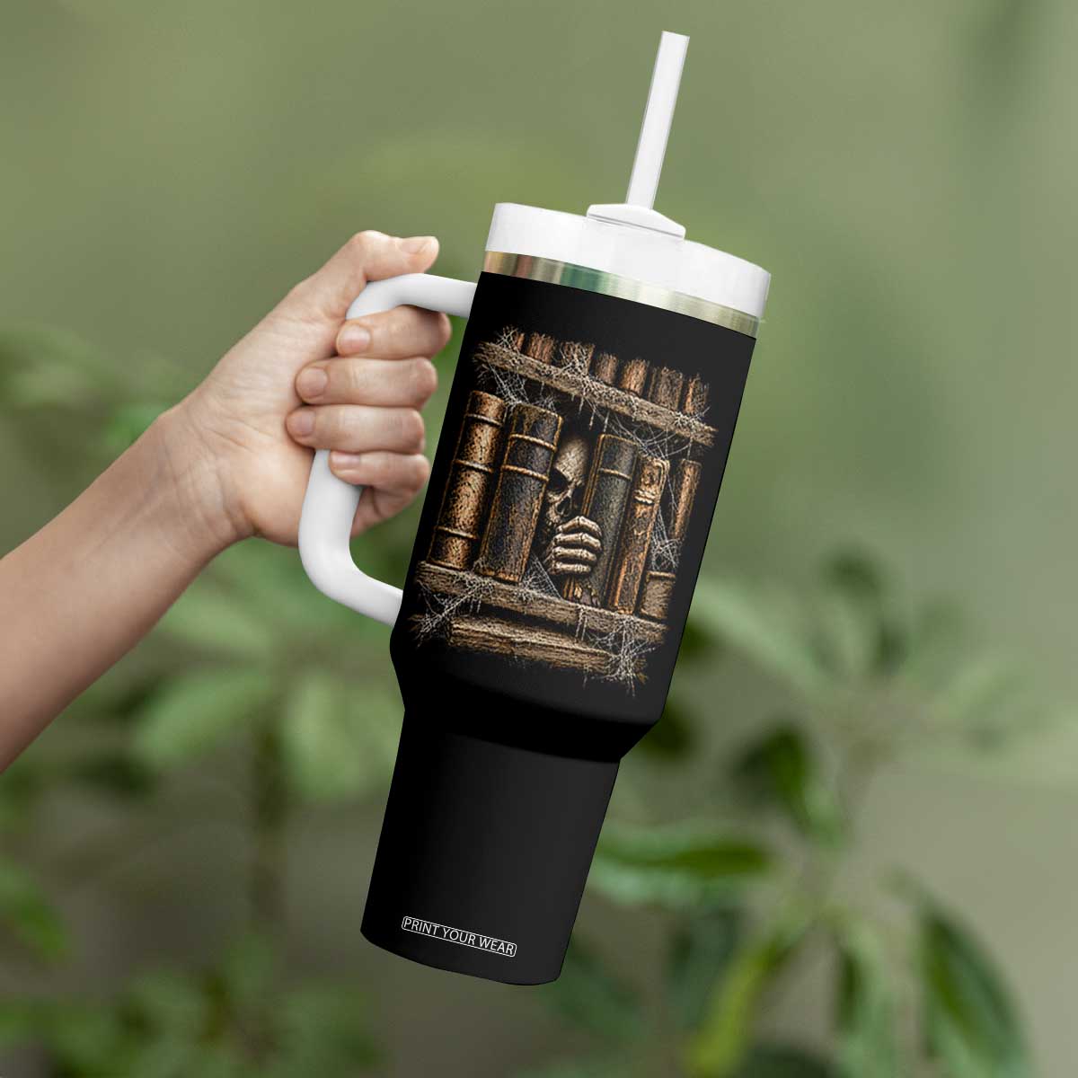 Gothic Haunted Library Tumbler With Handle Skull In Bookshelf Dark Academia