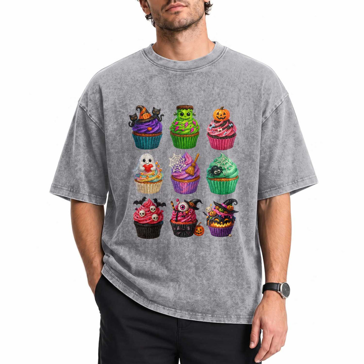 Funny Halloween Cupcake Lover Washed Cotton T-Shirt Spooky Party Dessert