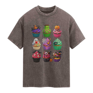 Funny Halloween Cupcake Lover Washed Cotton T-Shirt Spooky Party Dessert