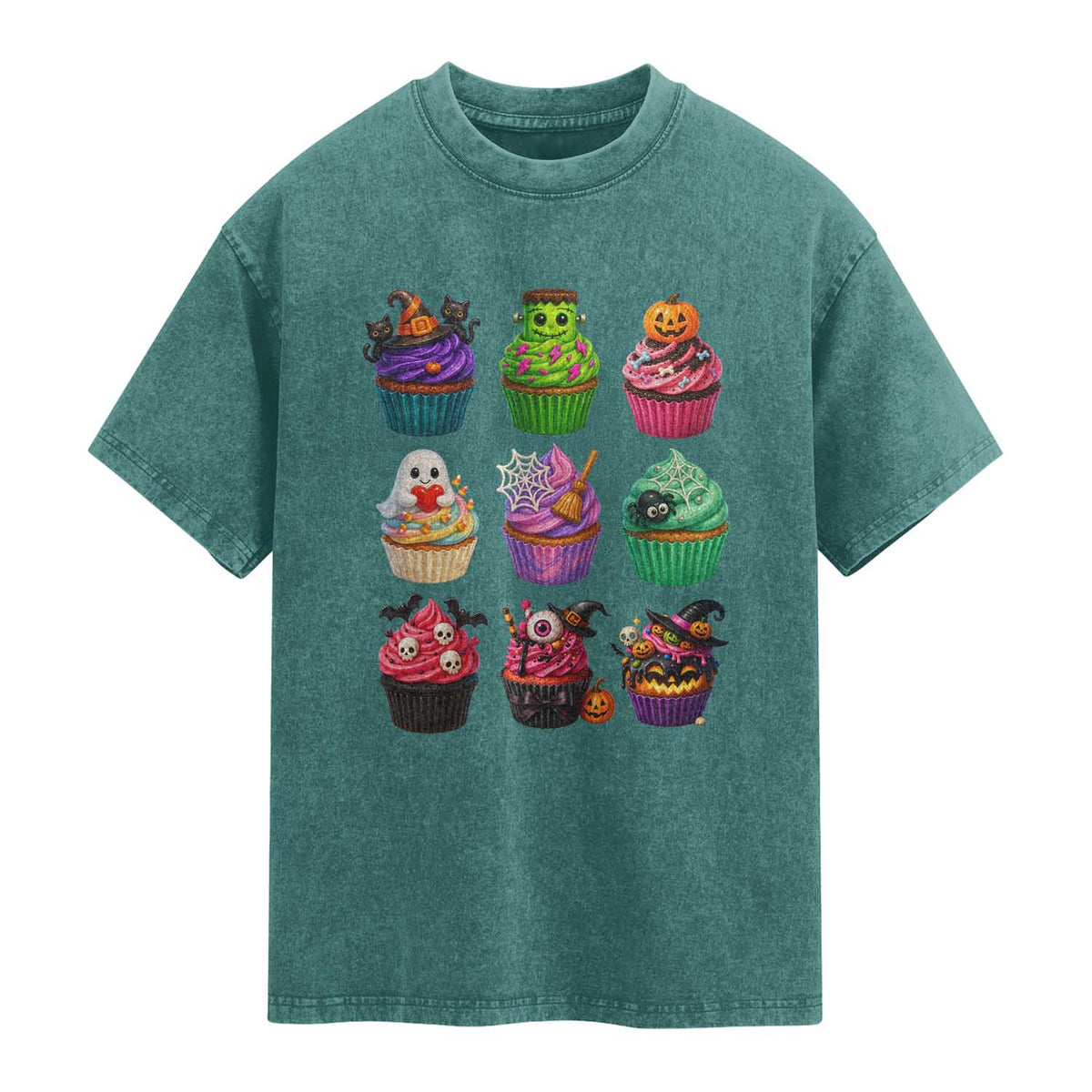 Funny Halloween Cupcake Lover Washed Cotton T-Shirt Spooky Party Dessert