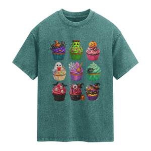 Funny Halloween Cupcake Lover Washed Cotton T-Shirt Spooky Party Dessert