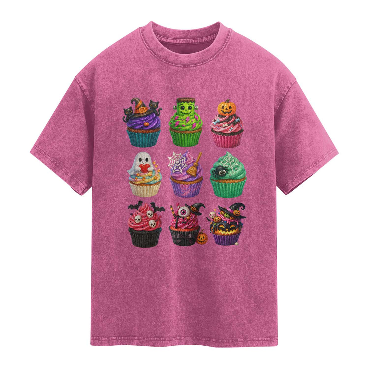 Funny Halloween Cupcake Lover Washed Cotton T-Shirt Spooky Party Dessert
