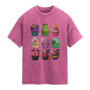 Funny Halloween Cupcake Lover Washed Cotton T-Shirt Spooky Party Dessert