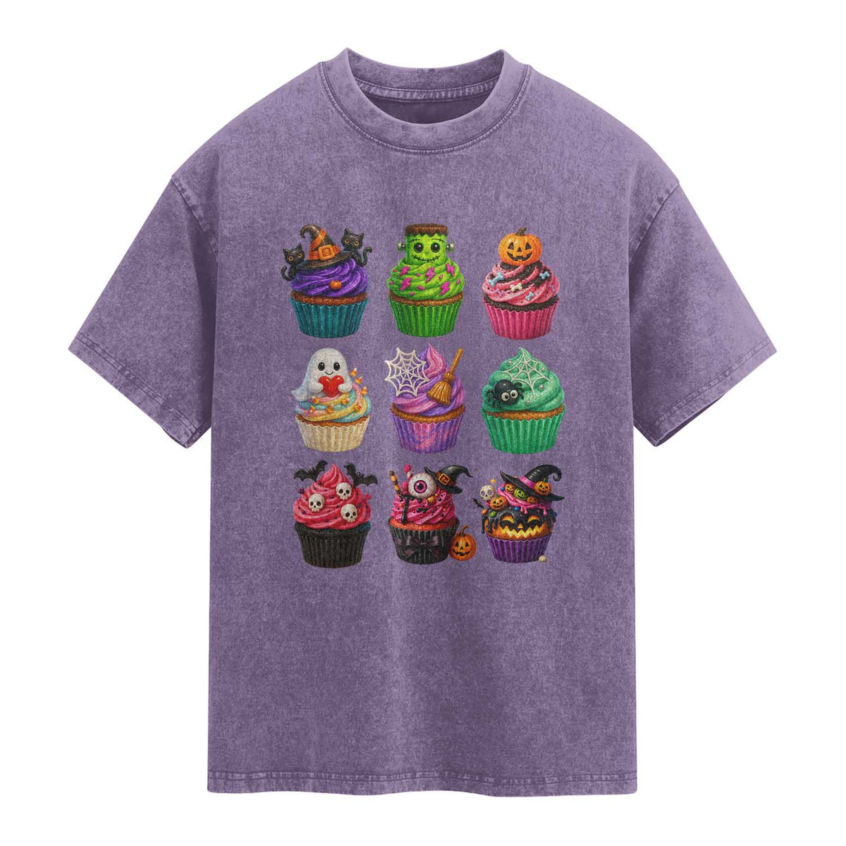 Funny Halloween Cupcake Lover Washed Cotton T-Shirt Spooky Party Dessert