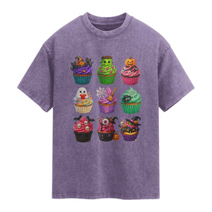 Funny Halloween Cupcake Lover Washed Cotton T-Shirt Spooky Party Dessert