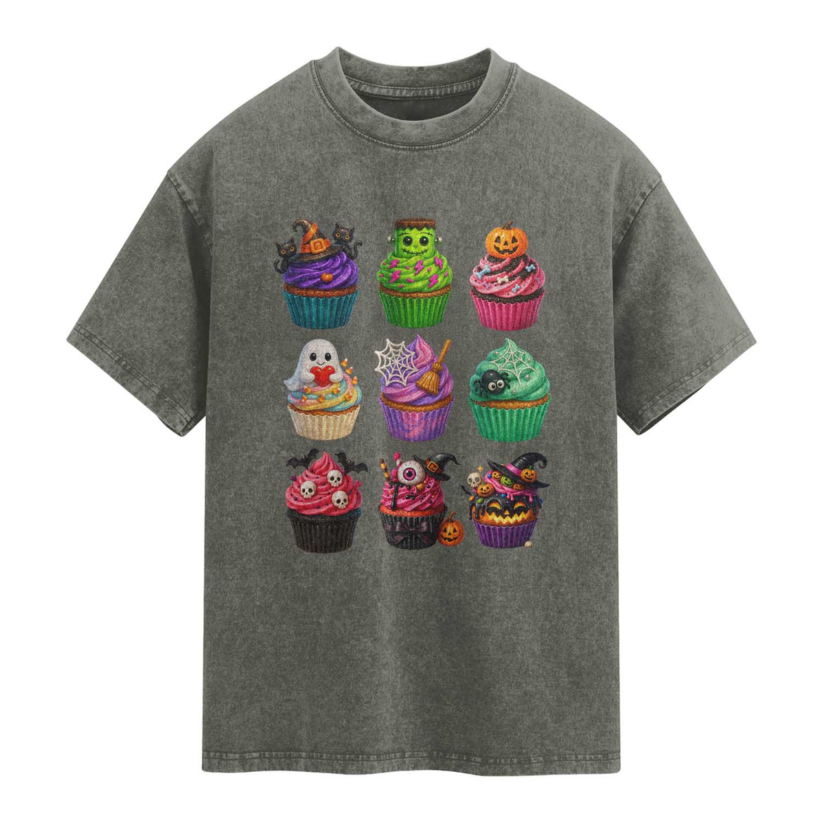 Funny Halloween Cupcake Lover Washed Cotton T-Shirt Spooky Party Dessert