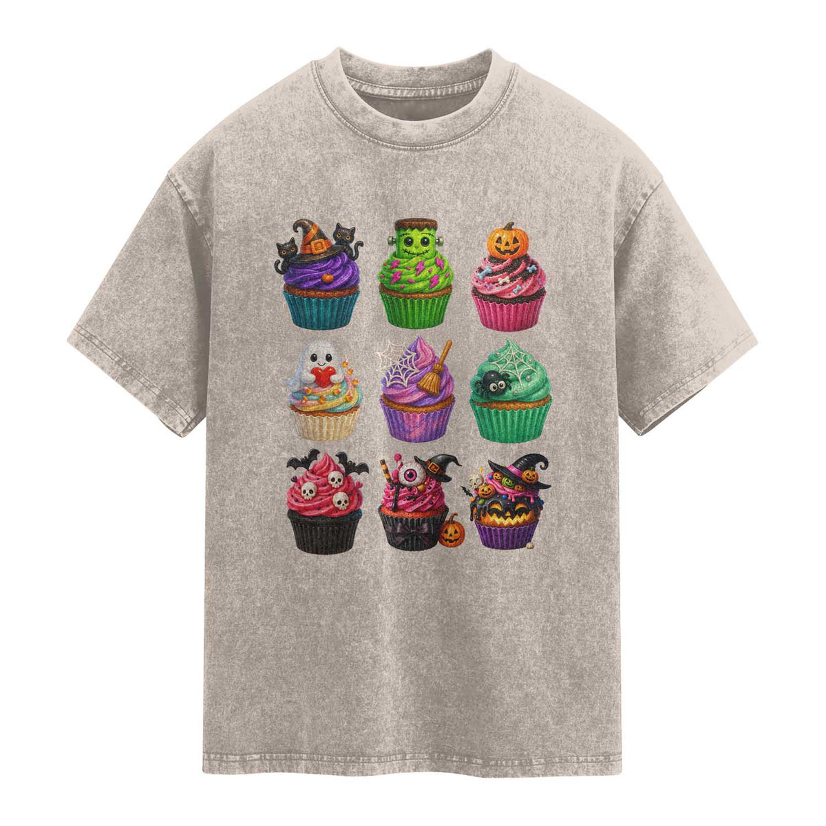 Funny Halloween Cupcake Lover Washed Cotton T-Shirt Spooky Party Dessert