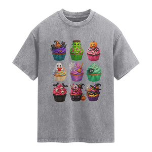 Funny Halloween Cupcake Lover Washed Cotton T-Shirt Spooky Party Dessert