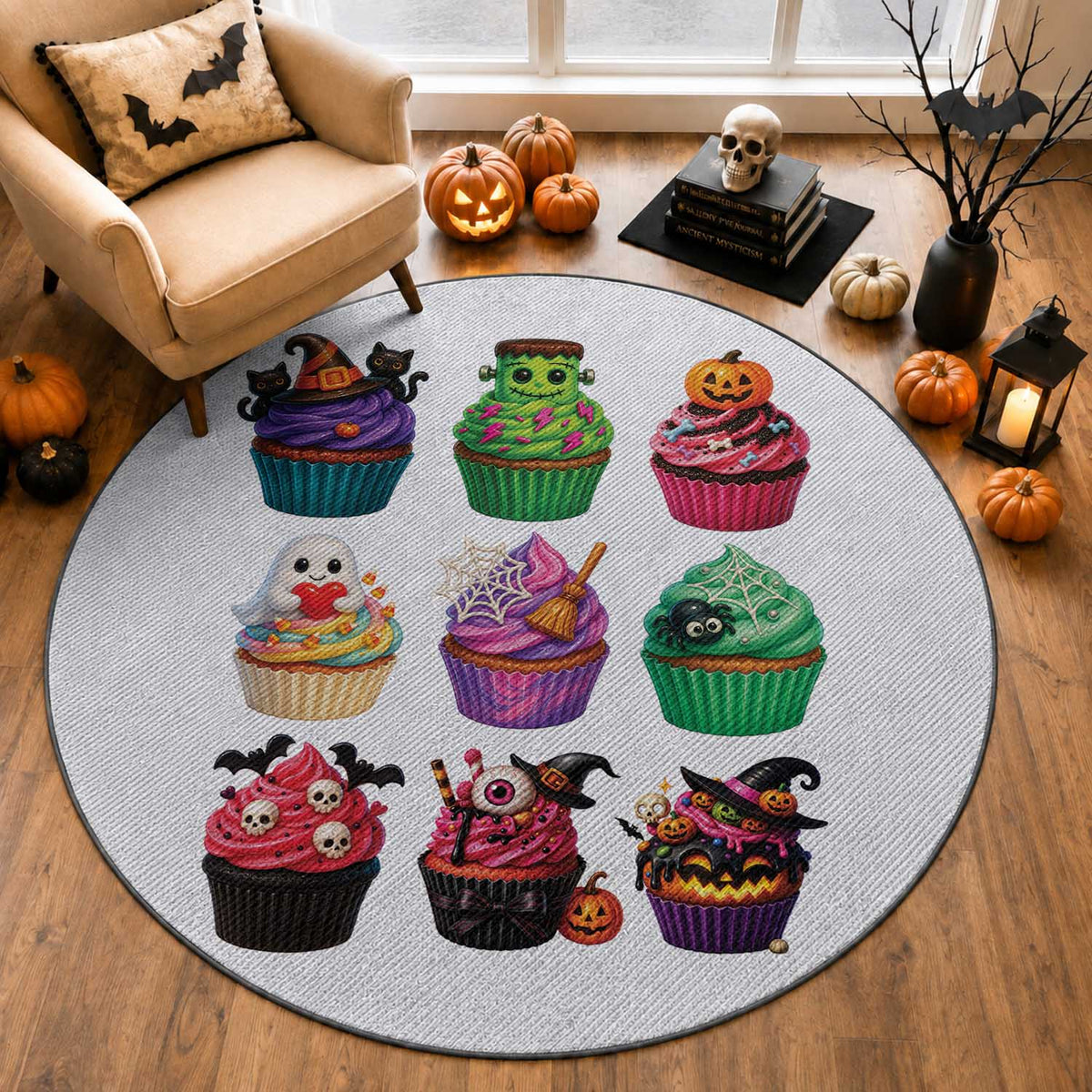 Funny Halloween Cupcake Lover Round Rug Spooky Party Dessert