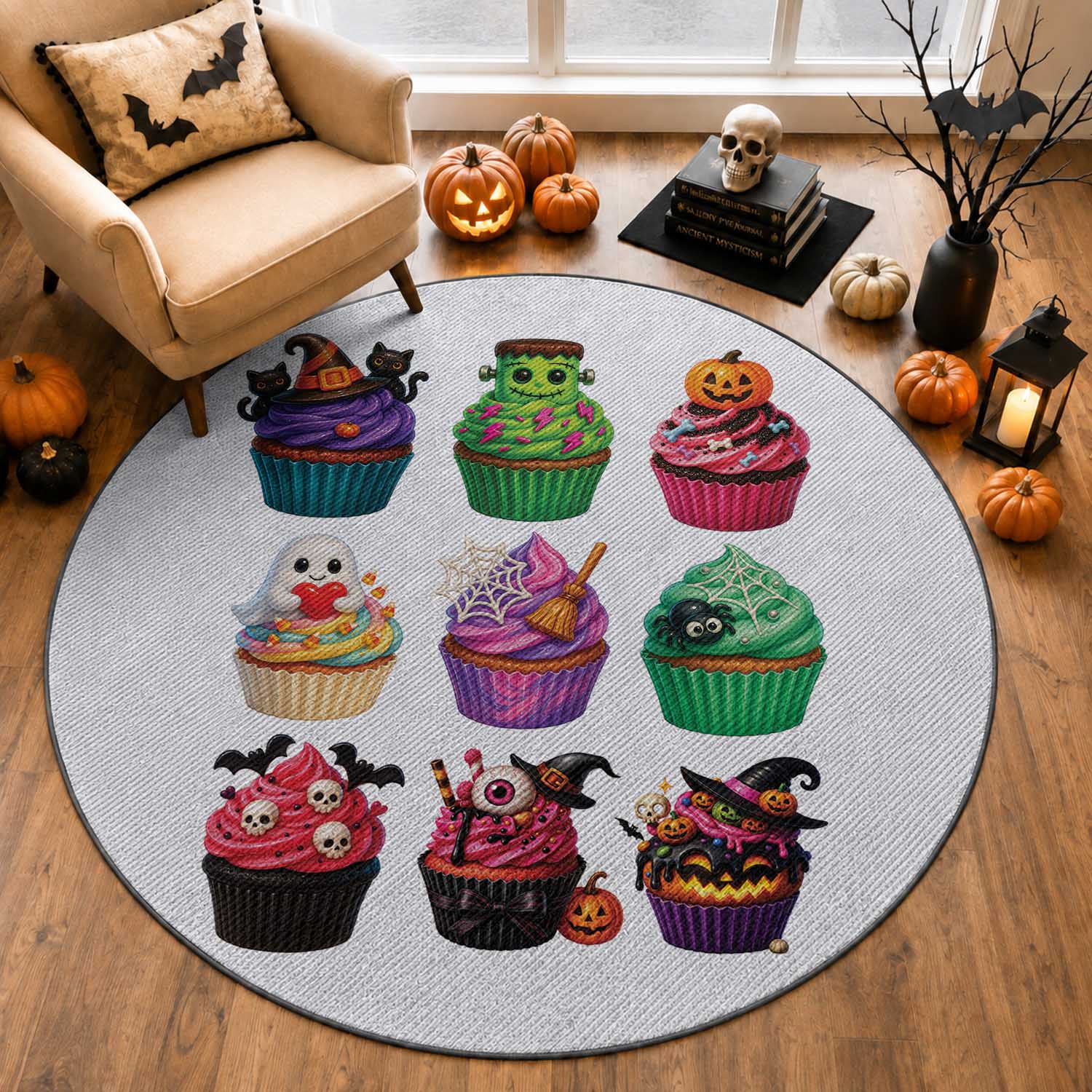Funny Halloween Cupcake Lover Round Rug Spooky Party Dessert