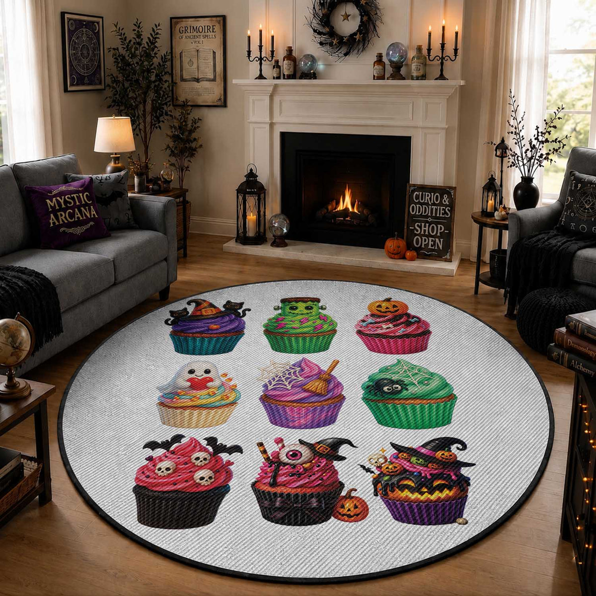 Funny Halloween Cupcake Lover Round Rug Spooky Party Dessert