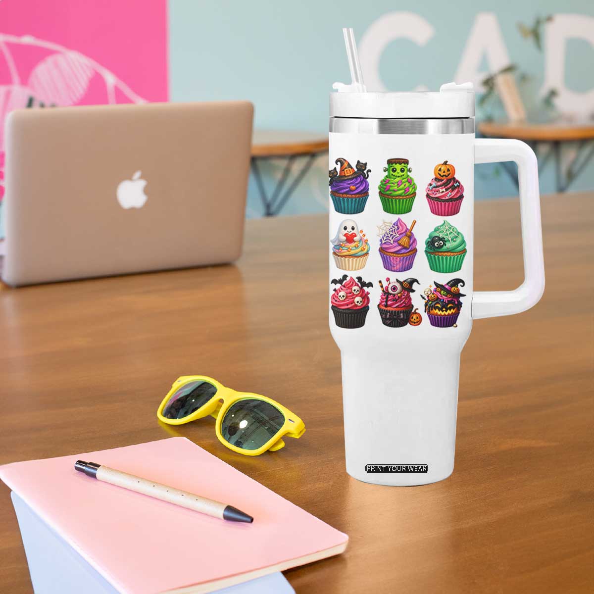 Funny Halloween Cupcake Lover Tumbler With Handle Spooky Party Dessert