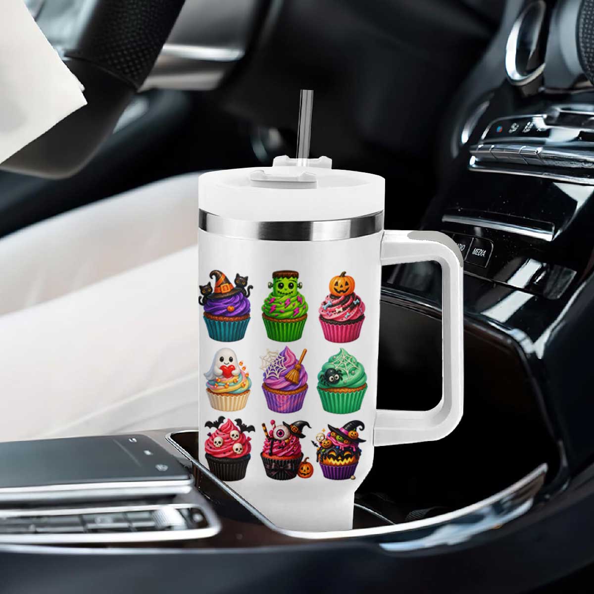 Funny Halloween Cupcake Lover Tumbler With Handle Spooky Party Dessert
