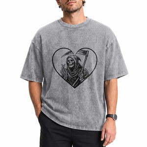 Funny Grim Reaper Heart Hands Washed Cotton T-Shirt Spooky Halloween Gothic
