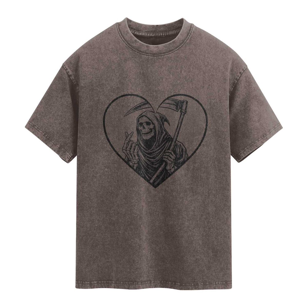 Funny Grim Reaper Heart Hands Washed Cotton T-Shirt Spooky Halloween Gothic