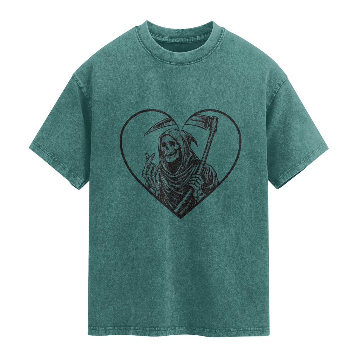 Funny Grim Reaper Heart Hands Washed Cotton T-Shirt Spooky Halloween Gothic