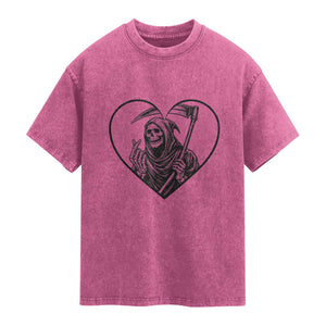 Funny Grim Reaper Heart Hands Washed Cotton T-Shirt Spooky Halloween Gothic