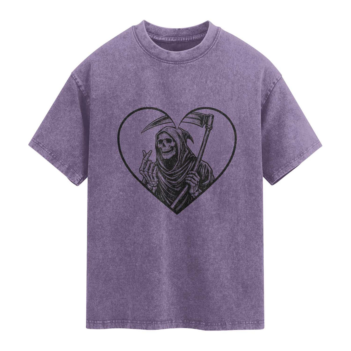 Funny Grim Reaper Heart Hands Washed Cotton T-Shirt Spooky Halloween Gothic