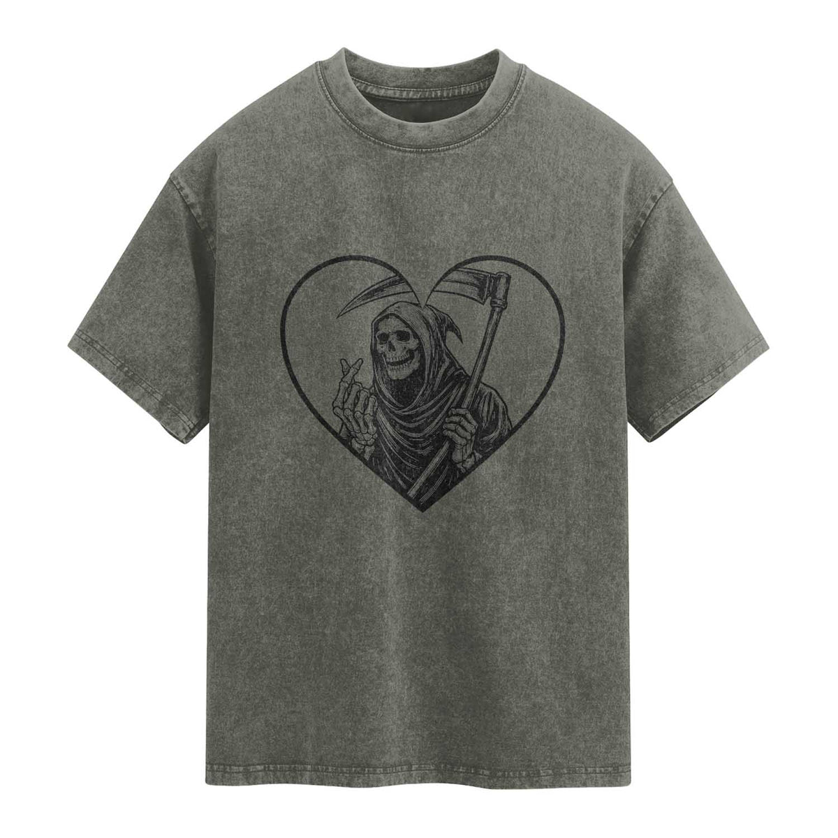 Funny Grim Reaper Heart Hands Washed Cotton T-Shirt Spooky Halloween Gothic