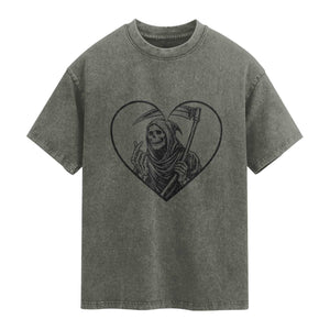 Funny Grim Reaper Heart Hands Washed Cotton T-Shirt Spooky Halloween Gothic