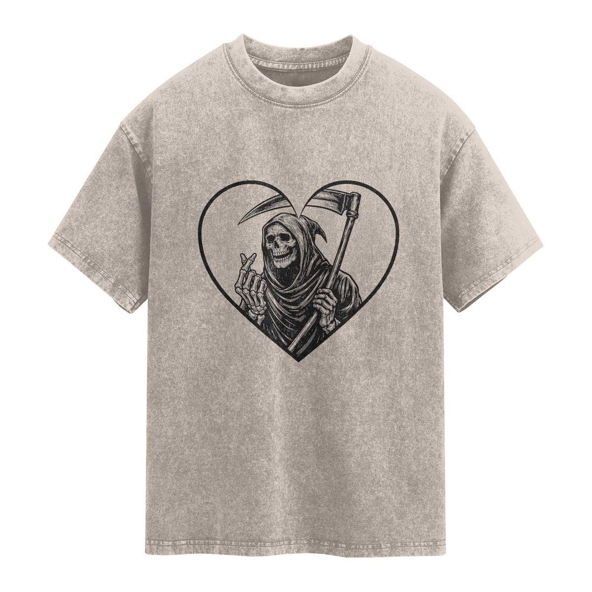 Funny Grim Reaper Heart Hands Washed Cotton T-Shirt Spooky Halloween Gothic