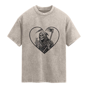 Funny Grim Reaper Heart Hands Washed Cotton T-Shirt Spooky Halloween Gothic