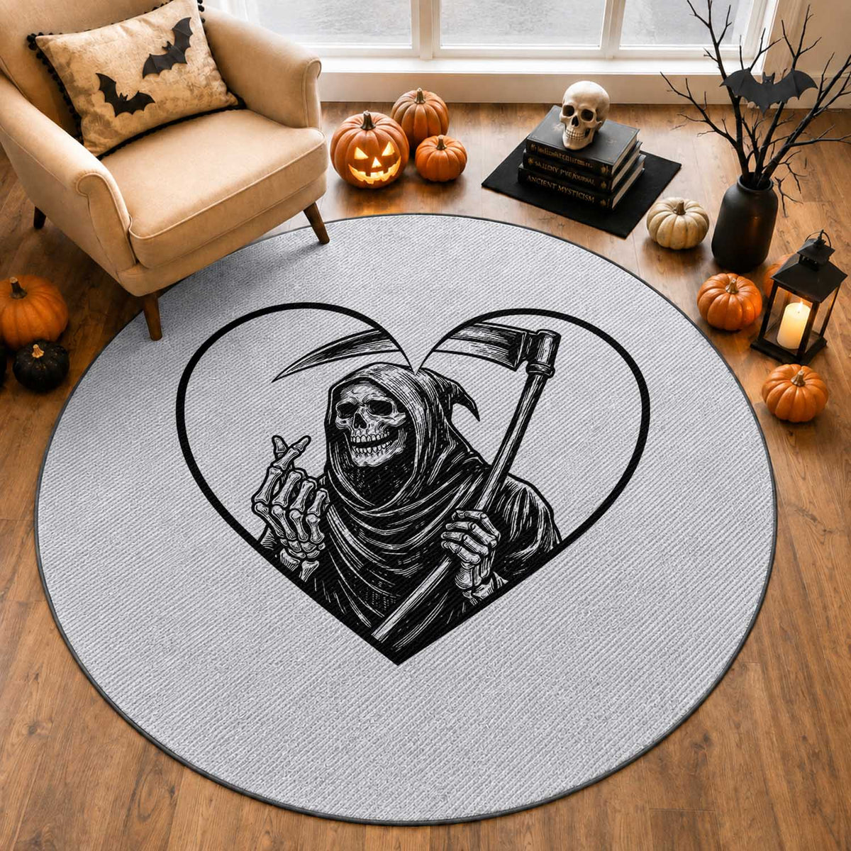 Funny Grim Reaper Heart Hands Round Rug Spooky Halloween Gothic