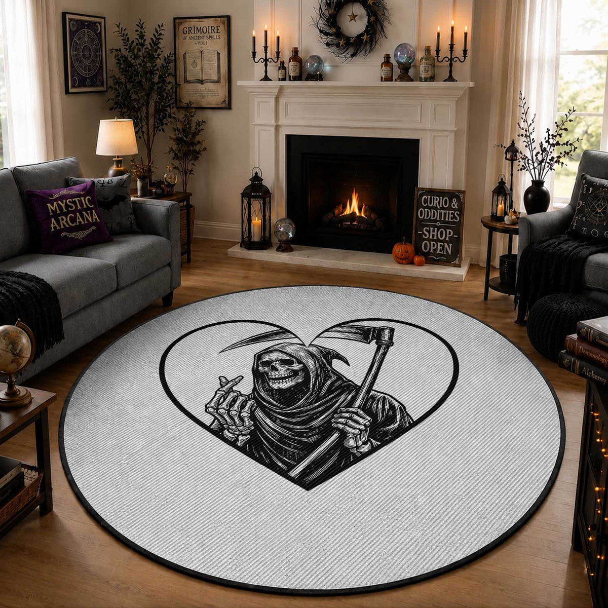 Funny Grim Reaper Heart Hands Round Rug Spooky Halloween Gothic