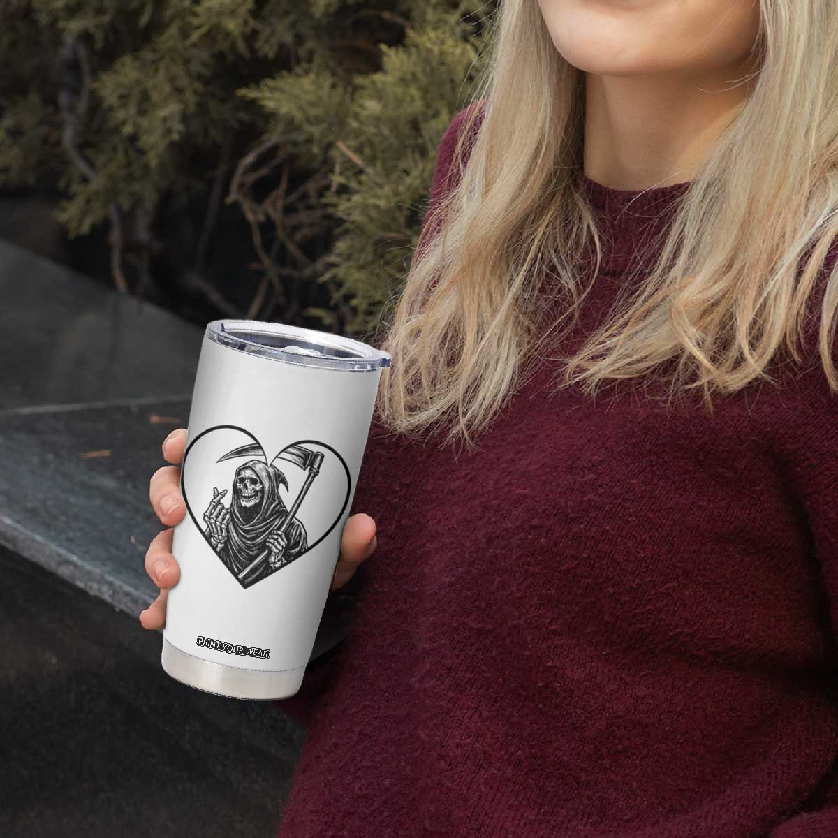 Funny Grim Reaper Heart Hands Tumbler Cup Spooky Halloween Gothic