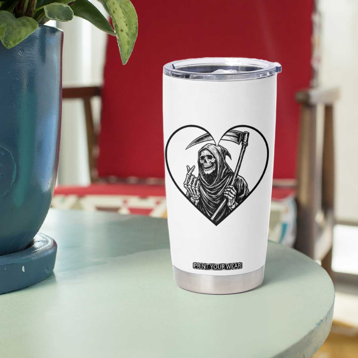 Funny Grim Reaper Heart Hands Tumbler Cup Spooky Halloween Gothic